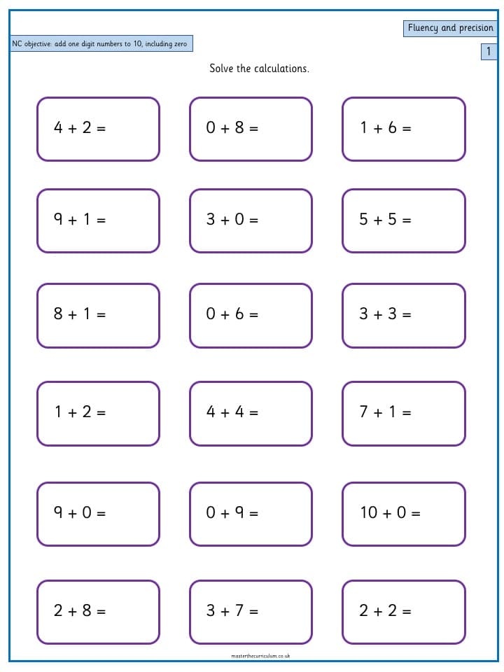 Inside 1 of Year 1 – Add one digit numbers to 10, including zero (3)