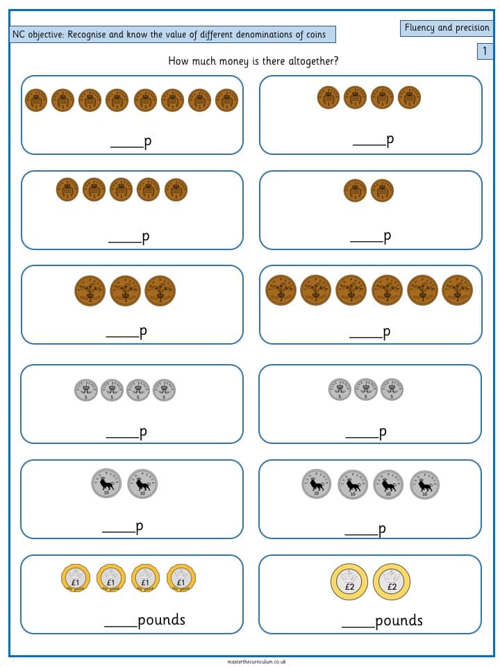Inside 1 of Year 1 – Recognise and know the value of different denominations of coins (3)